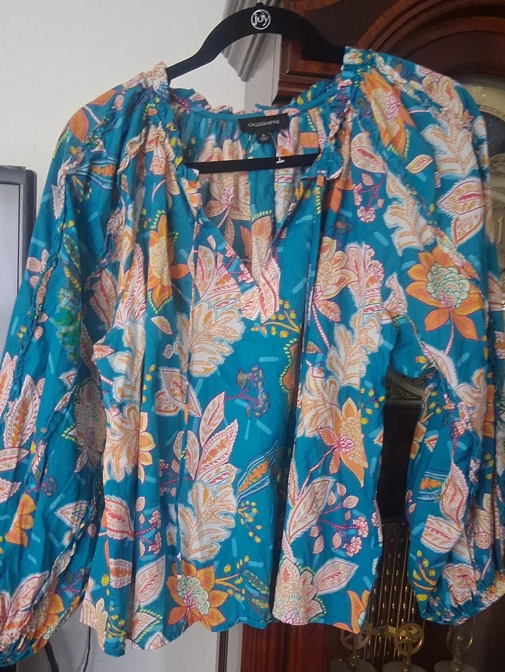 100% Cotton Calligraphie Teal Floral Peasant Blouse